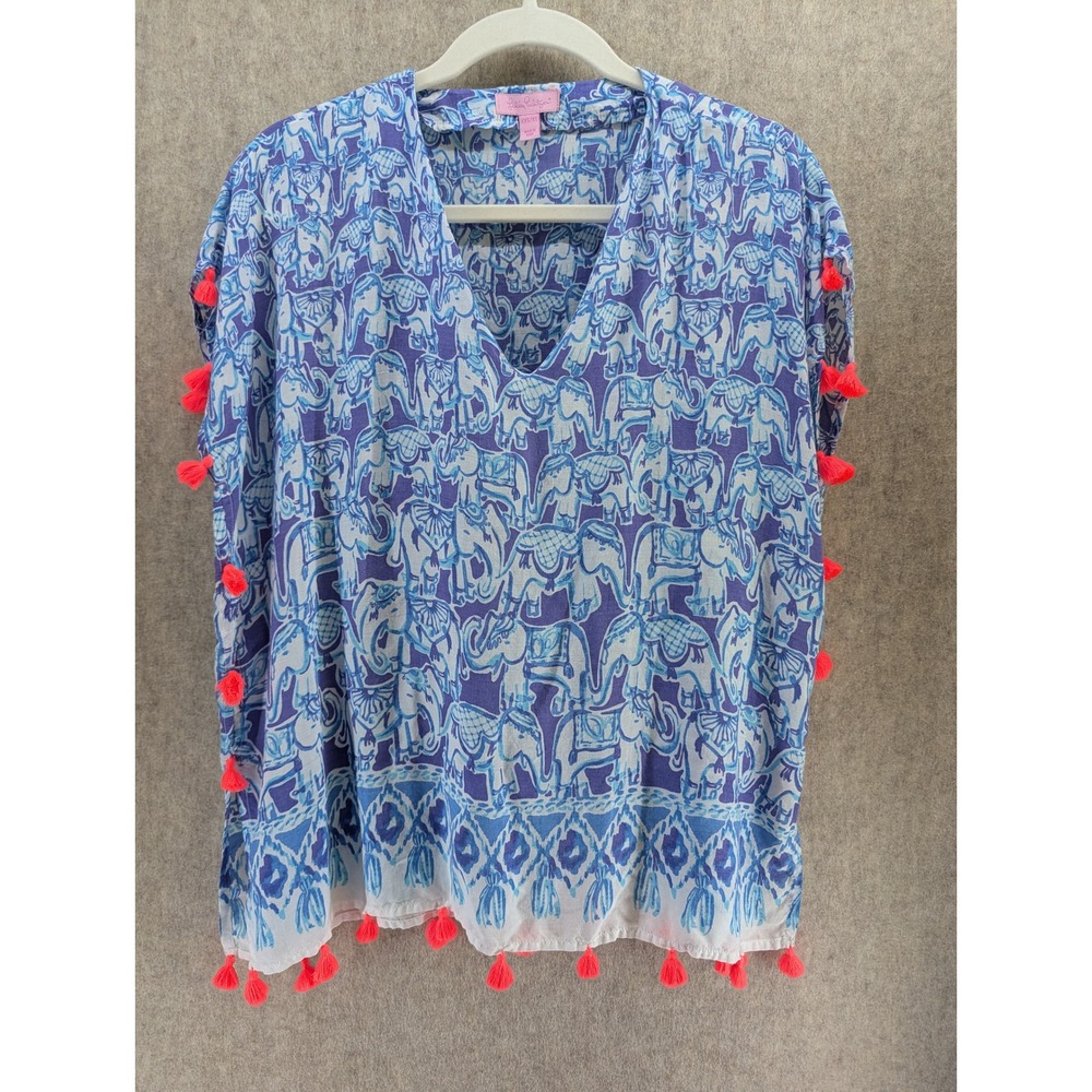 Lilly Pulitzer Elephant Print Tassel Cover Up Top Blue Pink XXS/XS